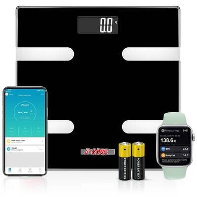 5 Core Smart Digital Bathroom Weighing Scale with Body Fat and Water Weight for People, Bluetooth BMI Electronic Body Analyzer Machine, 400 lbs. BBS HL B BLK