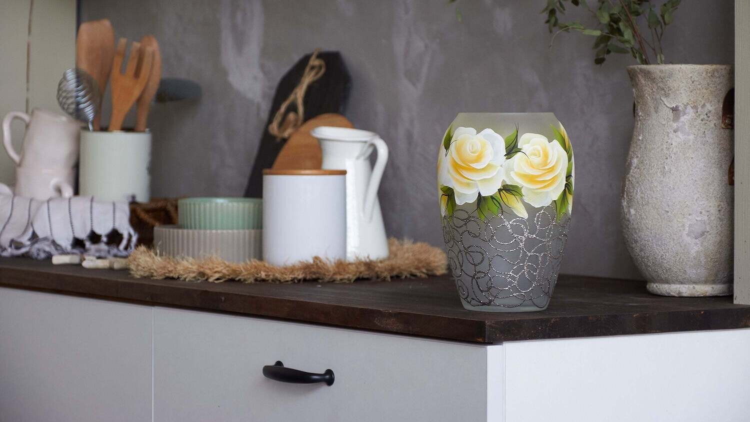 Handpainted Glass Vase for Flowers | Painted Art Glass Oval Vase | Gift for her | Interior Design Home Room Decor | Table vase 8 in