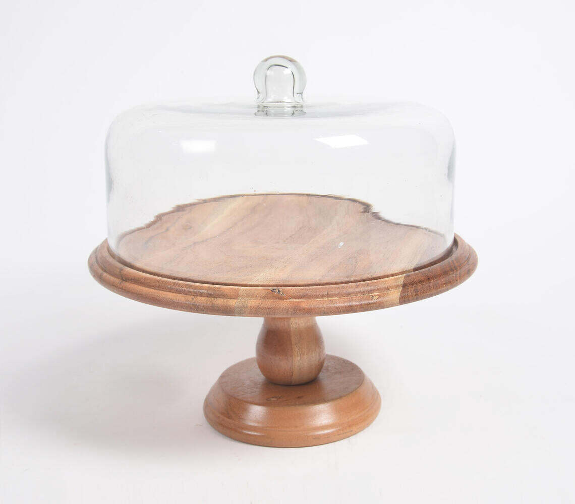 Acacia Wood Cake Stand With Glass Cloche