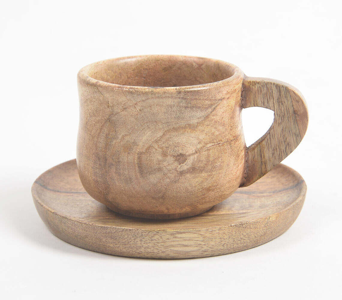 Natural Turned Wood Cup & Saucer Set