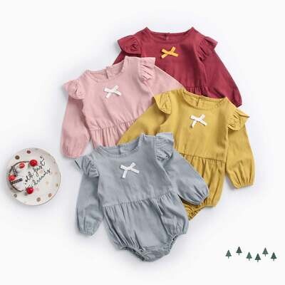 Baby Girl Solid Color Bow Patched Design Little Butterfly Sleeves Bodysuit