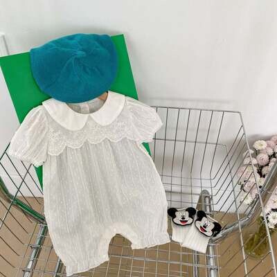 Baby Solid White Doll Neck Princess Romper In Summer