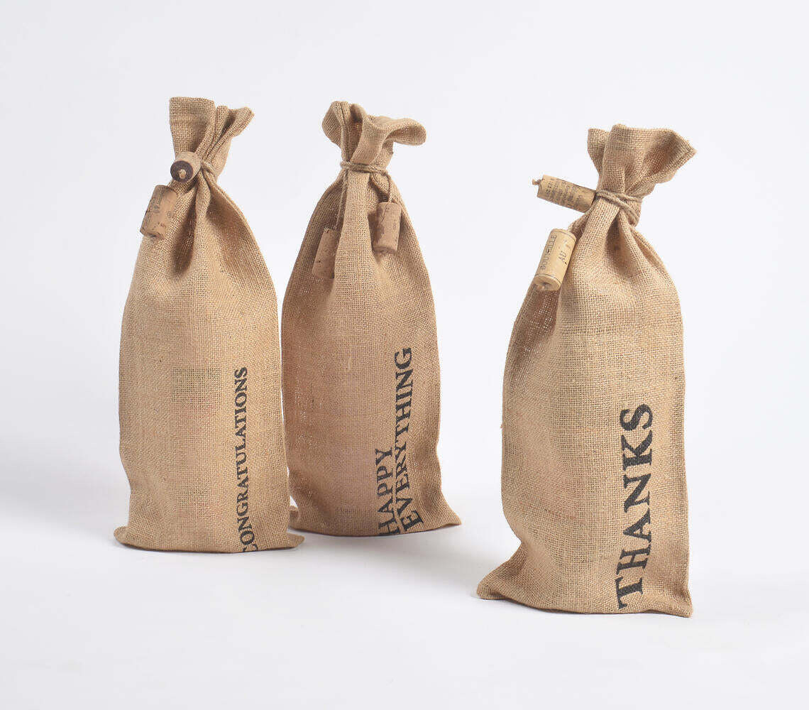 Typographic Drawstring Jute Wine Bags (Set of 3)