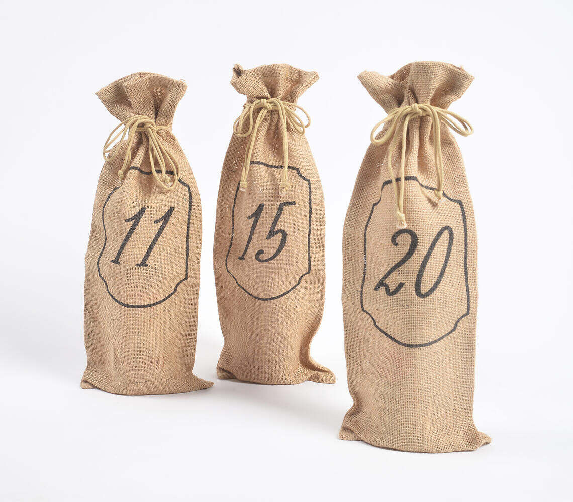 Numeric Drawstring Jute Wine Bags (Set of 3)