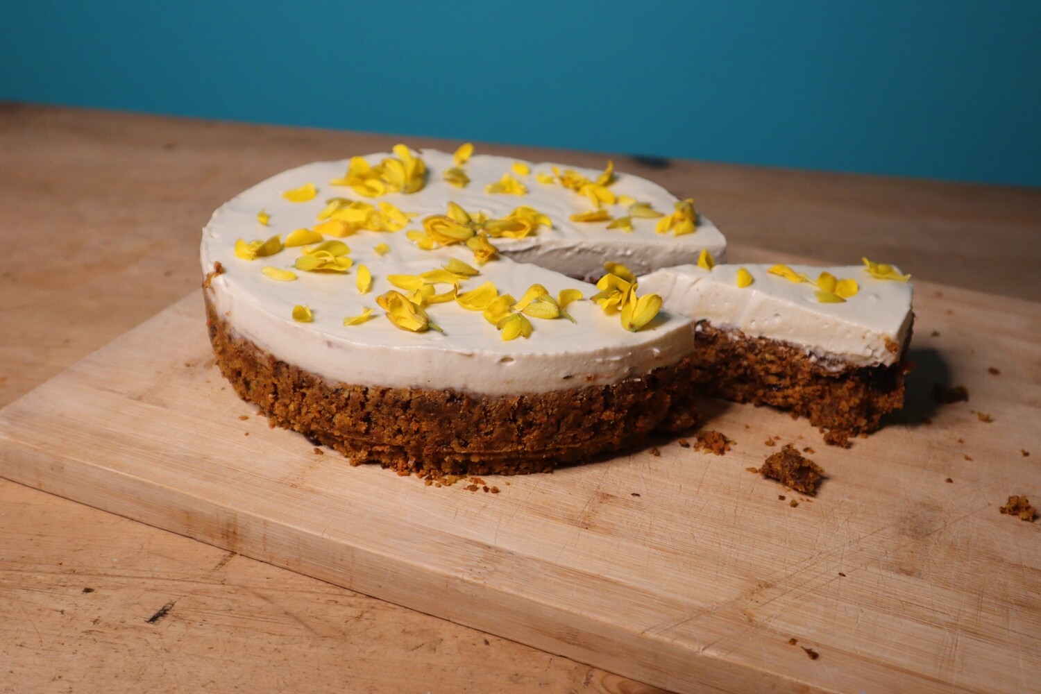Raw Gorse Flower Frosted Carrot Cake