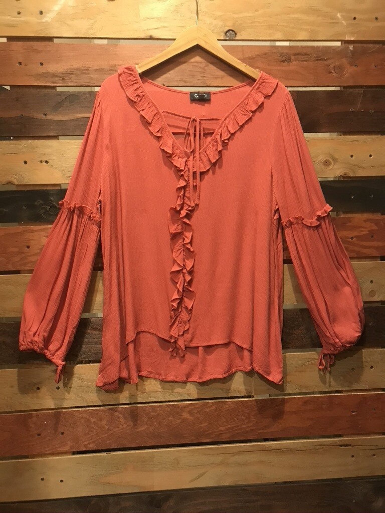 Red Clay Top w/ Front Ruffle and Tie