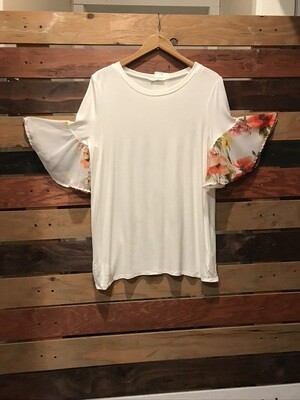 Ivory Round Neck Top w/Floral Ruffle Sleeves