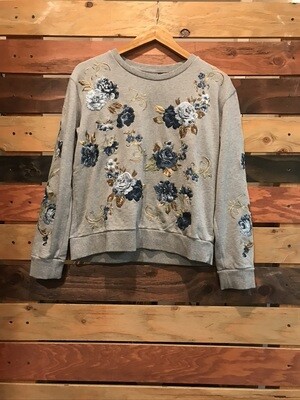 Driftwood Grey Embroidered Blue Flower Sweatshirt