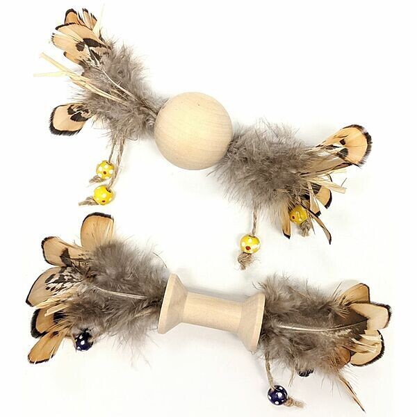 WOOD & FEATHER CAT TOY