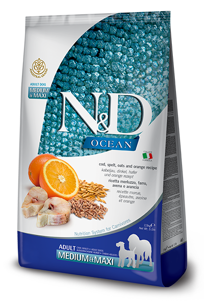 FARMINA N&amp;D DOG ANCESTRAL GRAIN OCEAN COD &amp; ORANGE MED/MAX 26.5lb/12kg