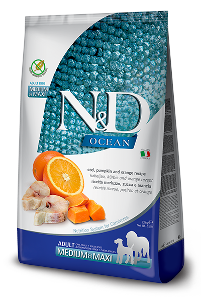 FARMINA N&amp;D DOG OCEAN COD, ORANGE &amp; PUMPKIN MED/MAX 5.5lb/2.5kg