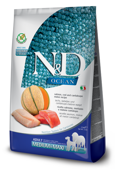 FARMINA N&amp;D DOG OCEAN SALMON, COD &amp; CANTALOUPE MED/MAX 26.4lb/12kg