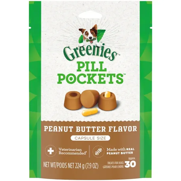 GREENIES DOG PILL POCKETS PEANUT BUTTER 30 CAPSULE SIZE 7.9oz