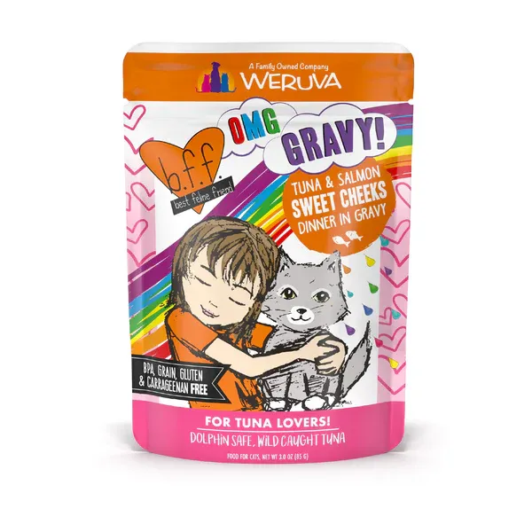 WERUVA BFF CAT OMG GRAVY TUNA &amp; SALMON &#39;SWEET CHEEKS&#39; DINNER IN GRAVY POUCH 3oz/85g