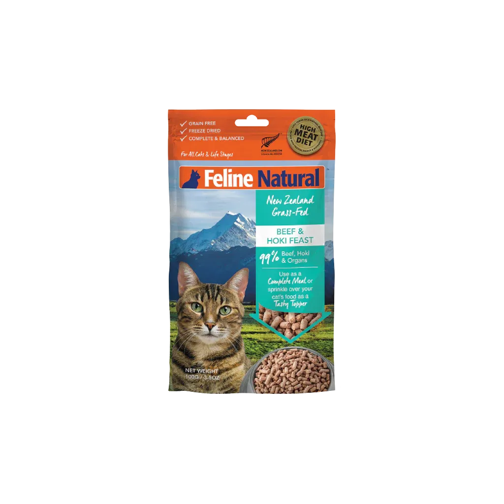 FELINE NATURAL FREEZE DRIED BEEF &amp; HOKI FEAST TOPPER 3.5oz/100g