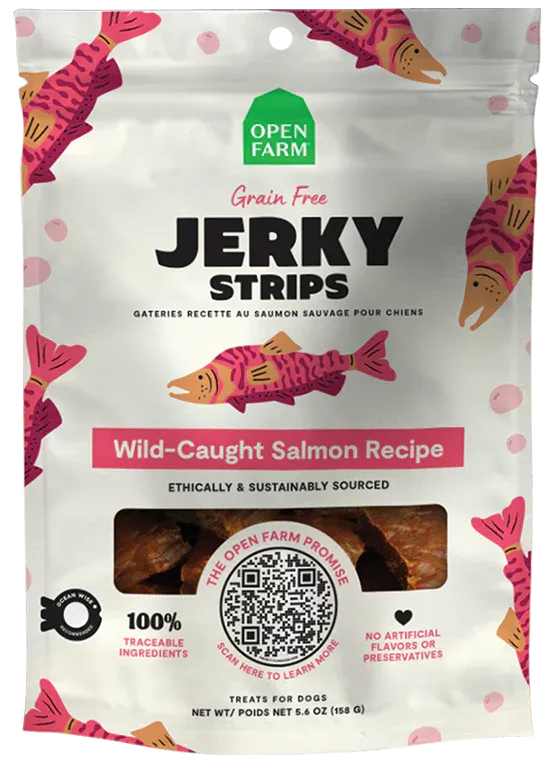 OPEN FARM DOG TREATS GRAIN FREE JERKY STRIPS WILD CAUGHT SALMON 5.6oz