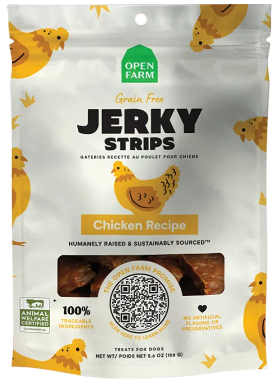 OPEN FARM DOG TREATS GRAIN FREE JERKY STRIPS CICKEN RECIPE 5.6oz
