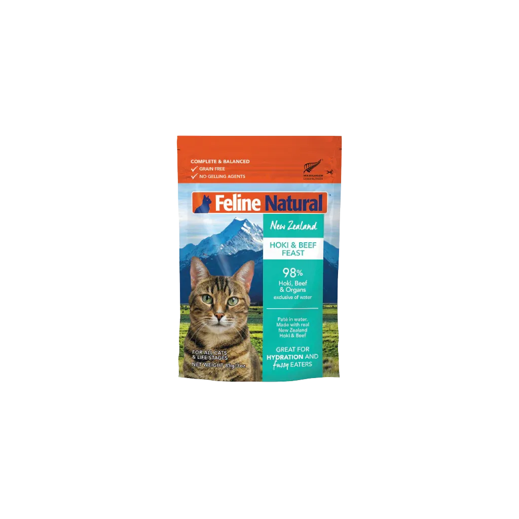 FELINE NATURAL BEEF &amp; HOKI FEAST POUCH 3oz/85g