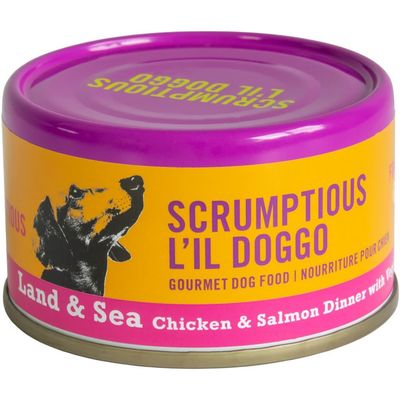 SCRUMPTIOUS L&#39;IL DOGGO LAND &amp; SEA CHICKEN &amp; SALMON DINNER WITH VEGGIES IN GRAVY 3oz