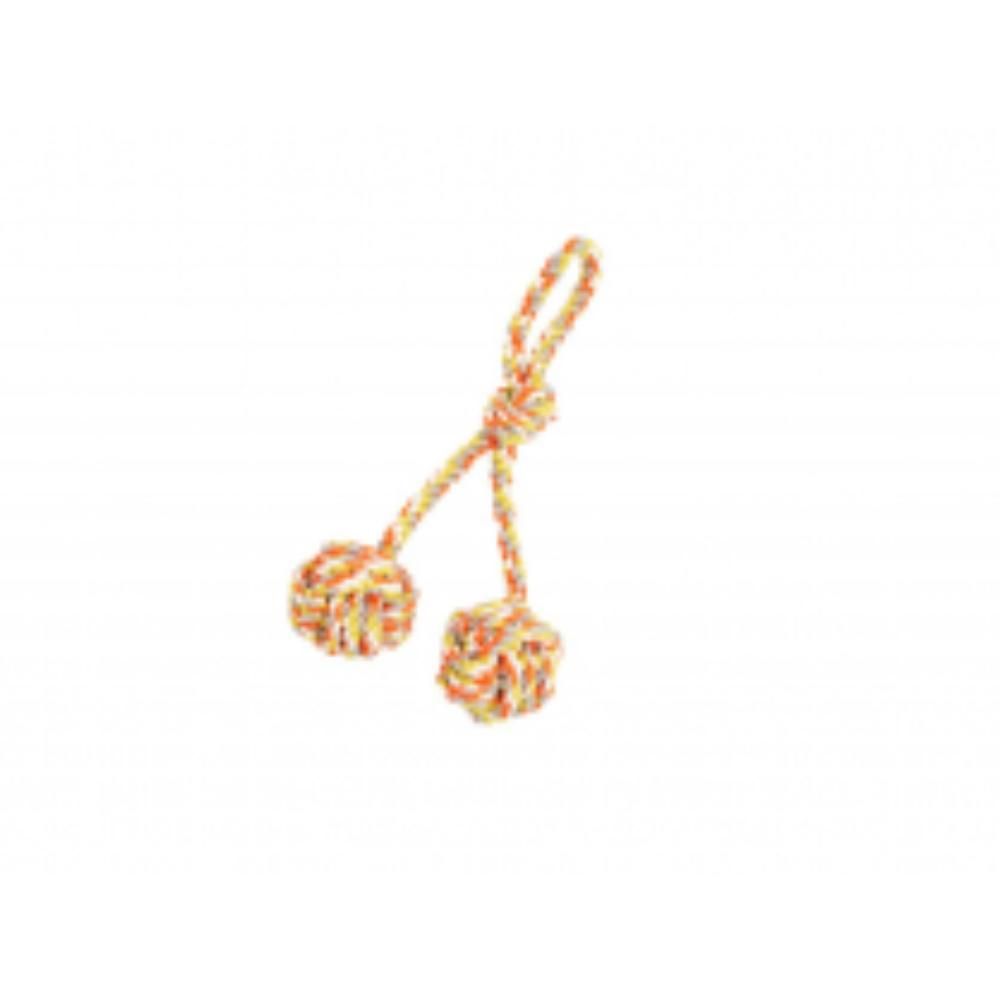 BUDZ DOG TOY ROPE WITH DOUBLE MONKEY FIST WITH LOOP ORANGE &amp; YELLOW 15.5&quot;