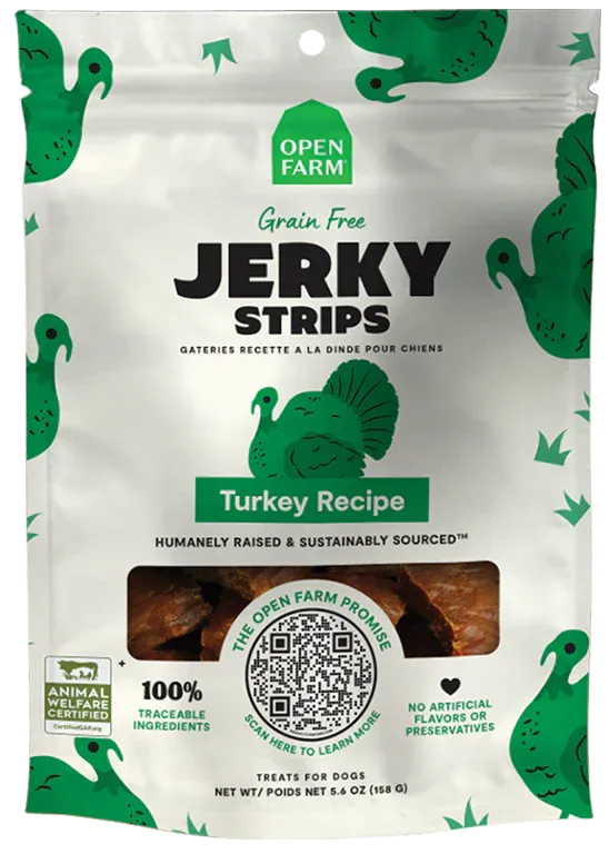 OPEN FARM DOG TREATS GRAIN FREE JERKY STRIPS TURKEY RECIPE 5.6oz