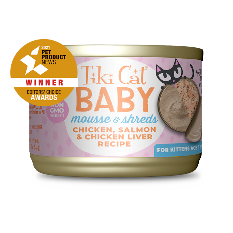 TIKI CAT BABY MOUSSE &amp; SHREDS CHICKEN, SALMON &amp; CHICKEN LIVER 1.9oz/54g