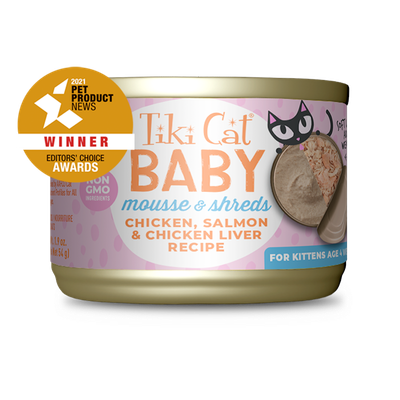 TIKI CAT BABY MOUSSE &amp; SHREDS CHICKEN, SALMON &amp; CHICKEN LIVER 1.9oz/54g