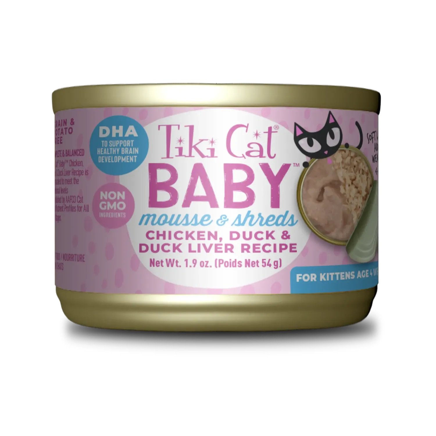 TIKI CAT BABY MOUSSE &amp; SHREDS CHICKEN, DUCK &amp; DUCK LIVER 1.9oz/54g