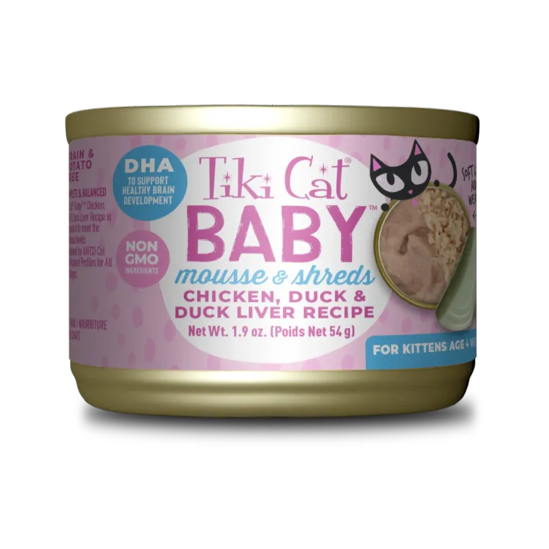 TIKI CAT BABY MOUSSE &amp; SHREDS CHICKEN, DUCK &amp; DUCK LIVER 1.9oz/54g