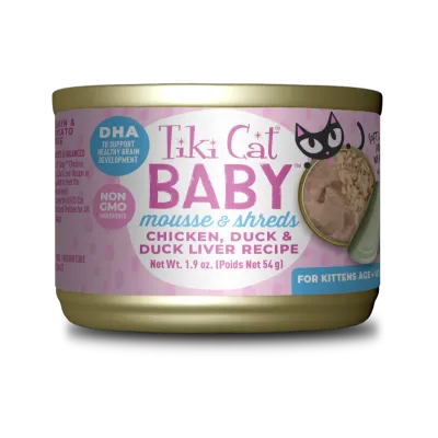 TIKI CAT BABY MOUSSE &amp; SHREDS CHICKEN, DUCK &amp; DUCK LIVER 1.9oz/54g