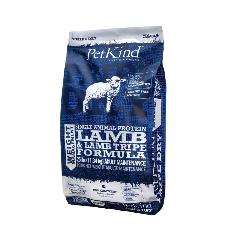 PETKIND DOG WEIGHT MANAGEMENT LAMB &amp; LAMB TRIPE FORMULA 25lb/11.3kg