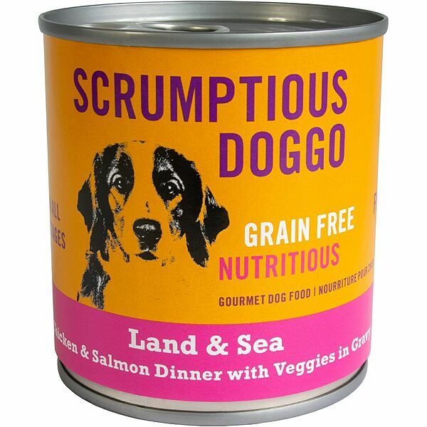 SCRUMPTIOUS DOGGO LAND &amp; SEA CHICKEN &amp; SALMON DINNER WITH VEGGIES IN GRAVY 9oz