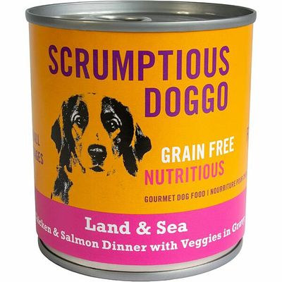 SCRUMPTIOUS DOGGO LAND &amp; SEA CHICKEN &amp; SALMON DINNER WITH VEGGIES IN GRAVY 9oz