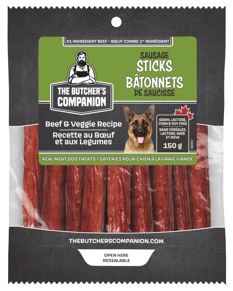 BUTCHERS COMPANION BEEF &amp; VEGGIE SAUSAGE STICKS 150g 9pk