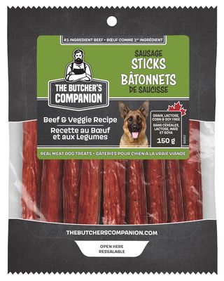 BUTCHERS COMPANION BEEF &amp; VEGGIE SAUSAGE STICKS 150g 9pk