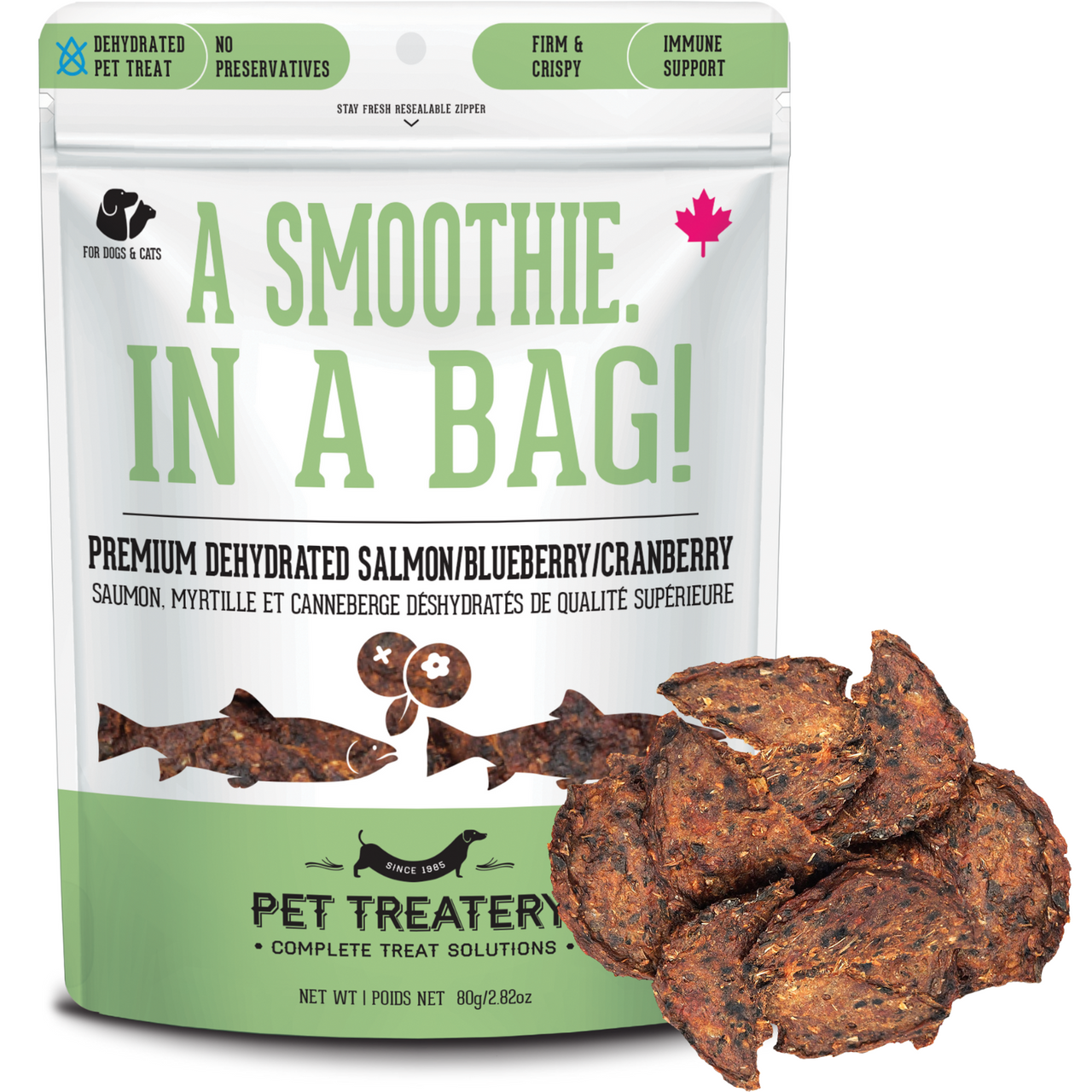 PET TREATERY A SMOOTHIE. IN A BAG! DEHYDRATED SALMON WITH BLUEBERRIES &amp; CRANBERRIES 80g