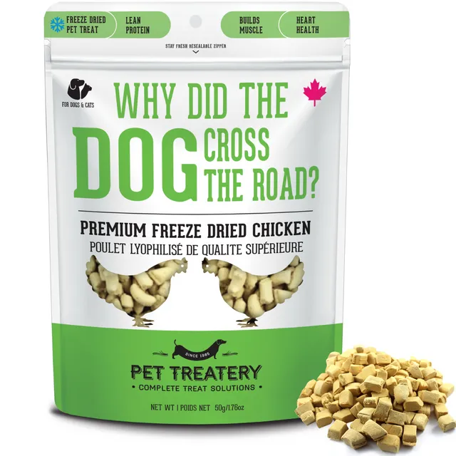 PET TREATERY WHY DID THE DOG CROSS THE ROAD FREEZE DRIED CHICKEN 50g