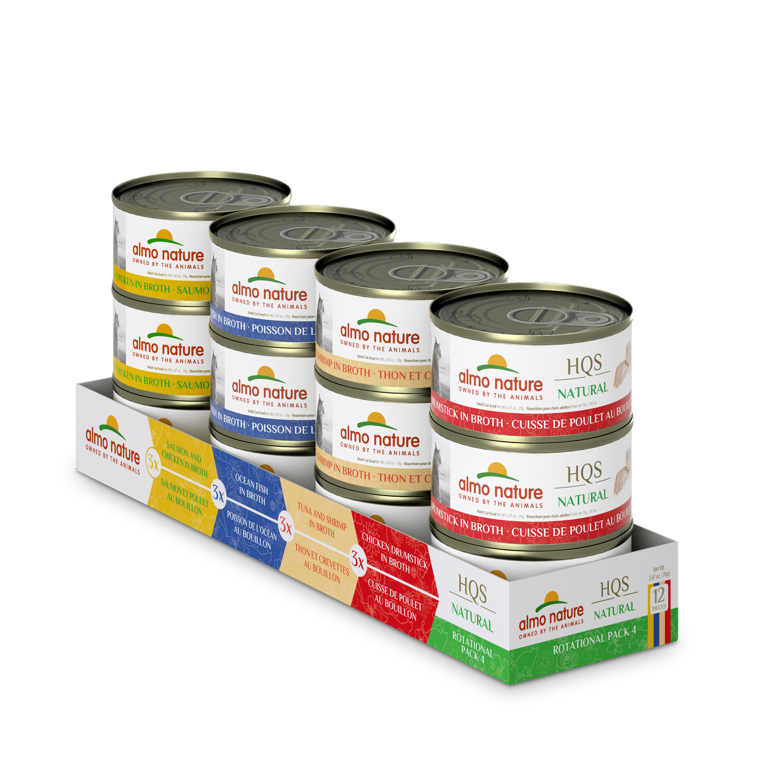 ALMO CAT HQS NATURAL OCEAN FISH, CHICKEN DRUMSTICK, SALMON/CHICKEN, &amp; TUNA/SHRIMP IN BROTH 2.47oz/70g CASE OF 12
