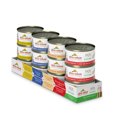 ALMO CAT HQS NATURAL OCEAN FISH, CHICKEN DRUMSTICK, SALMON/CHICKEN, &amp; TUNA/SHRIMP IN BROTH 2.47oz/70g CASE OF 12