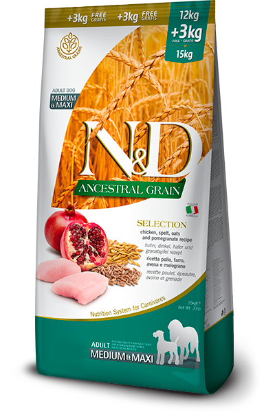 FARMINA N&amp;D DOG ANCESTRAL GRAIN SELECTION CHICKEN &amp; POMEGRANITE MED/MAX 33lb/15kg