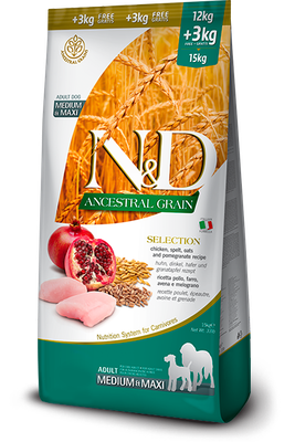 FARMINA N&amp;D DOG ANCESTRAL GRAIN SELECTION CHICKEN &amp; POMEGRANITE MED/MAX 33lb/15kg