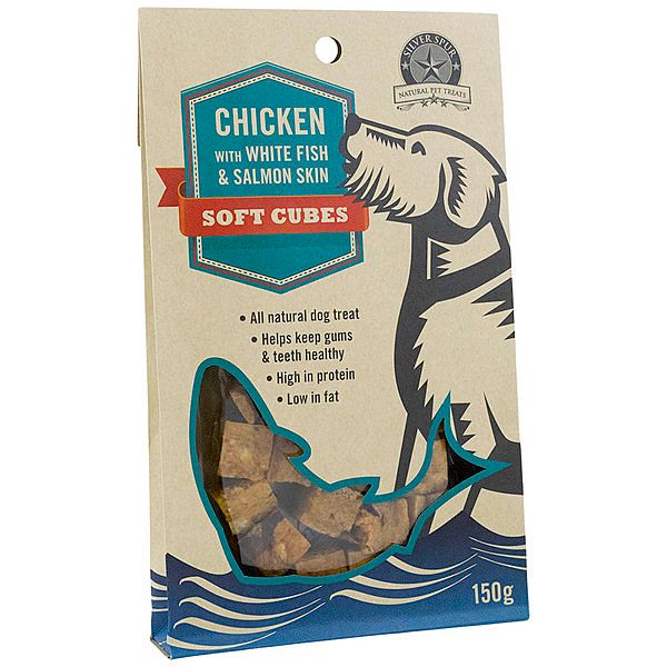 SILVER SPUR CHICKEN WITH WHITE FISH &amp; SALMON SKIN SOFT CUBES 150g