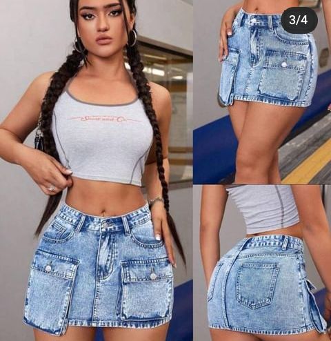 Jupe courte en jeans poche sur les cotes