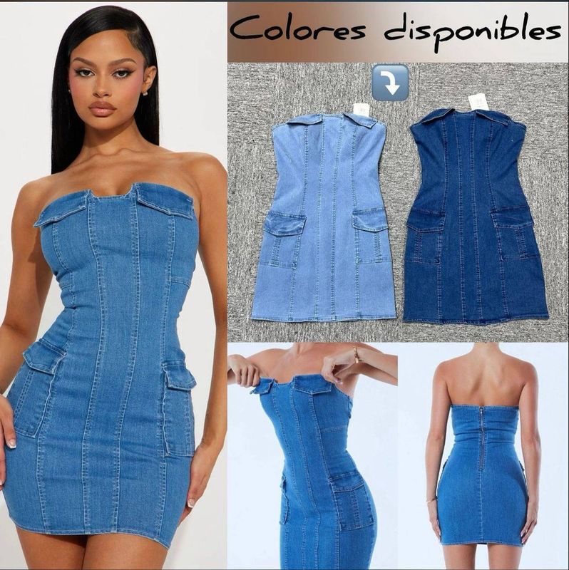ROBE EN JEANS BUSTIER  POCHE SUR LE DEVANT