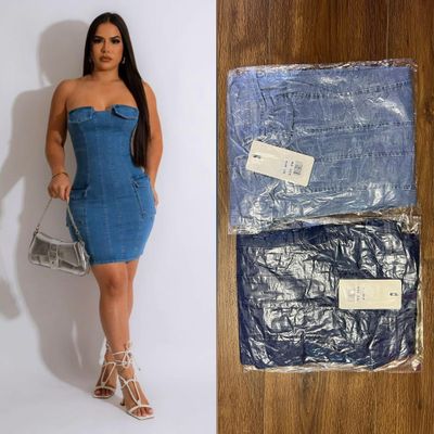 ROBE EN JEANS BUSTIER POCHE SUR LE DEVANT