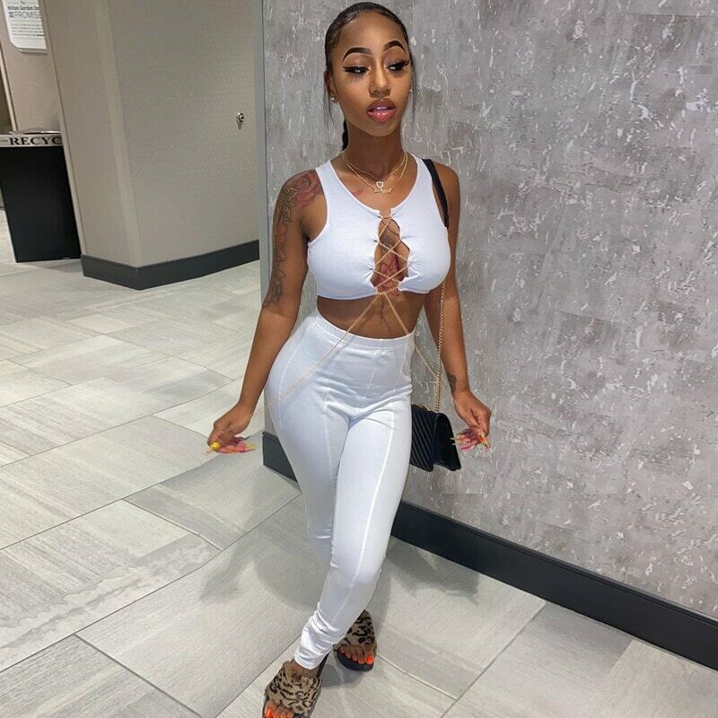 Toplook Sexy Hollow Out Sleeveless Bandage Two Piece Set Crop Top Leggings Bodycon 2 Pieces Set Women Outfits Tracksuit