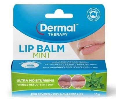 3 × Dermal Therapy Lip Balm 10g - Mint Ultra Moisturising Intensive Hydration ozhealthexperts