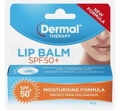 3 × Dermal Therapy Lip Balm SPF 50+ 10g Moisturising Formula UVA/UVB ozhealthexperts