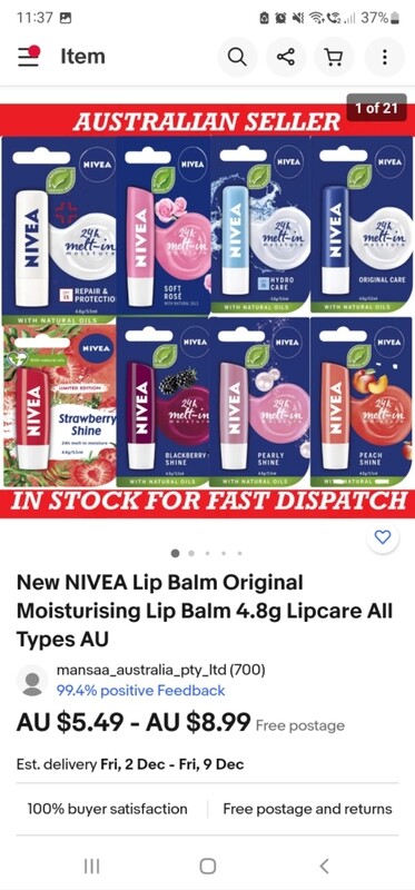 4 × NIVEA Lip Balm LipCare lip Shine 4.8g All Moisturising Flavours ozhealthexperts