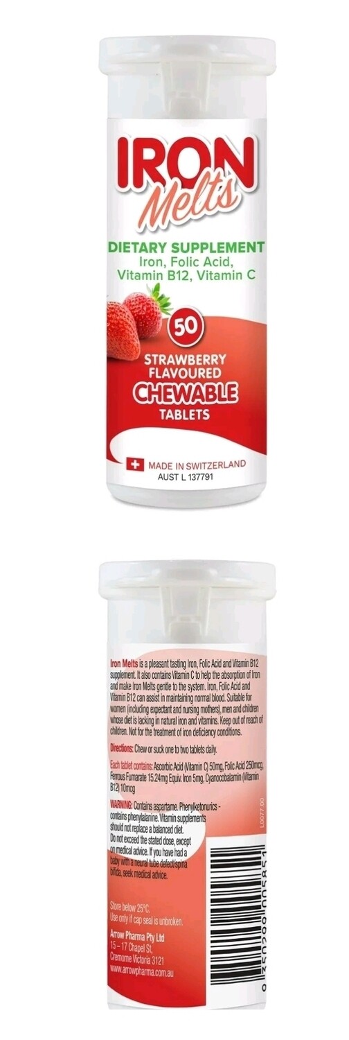 2 × Iron Melts 50 Chewable Tablets - Strawberry Flavour Folic Acid Vitamin B12 + C ozhealthexperts